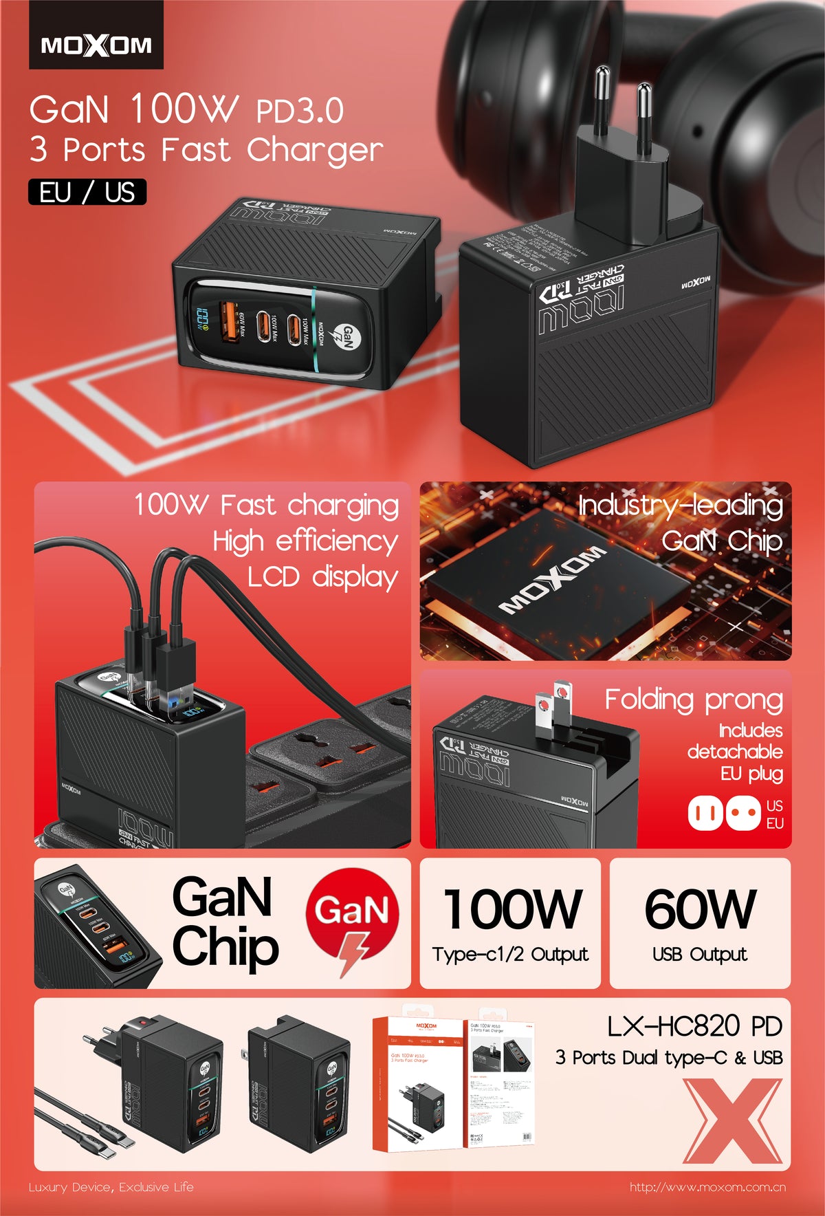MOXOM LX-HC820 100W GaN Charger – 3 Ports, PD 3.0, Charges Laptop + 2 Devices, Type-C Cable Included