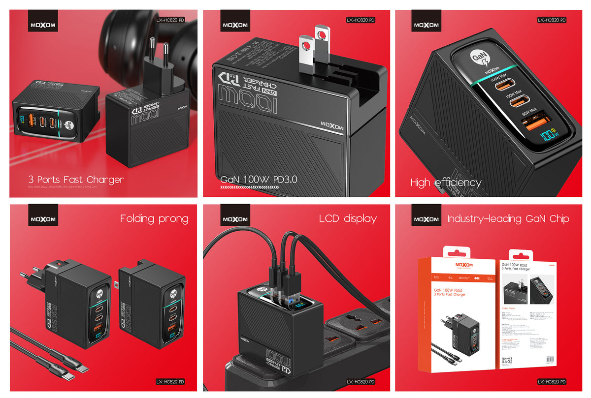 MOXOM LX-HC820 100W GaN Charger – 3 Ports, PD 3.0, Charges Laptop + 2 Devices, Type-C Cable Included