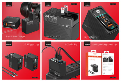 MOXOM LX-HC820 100W GaN Charger – 3 Ports, PD 3.0, Charges Laptop + 2 Devices, Type-C Cable Included