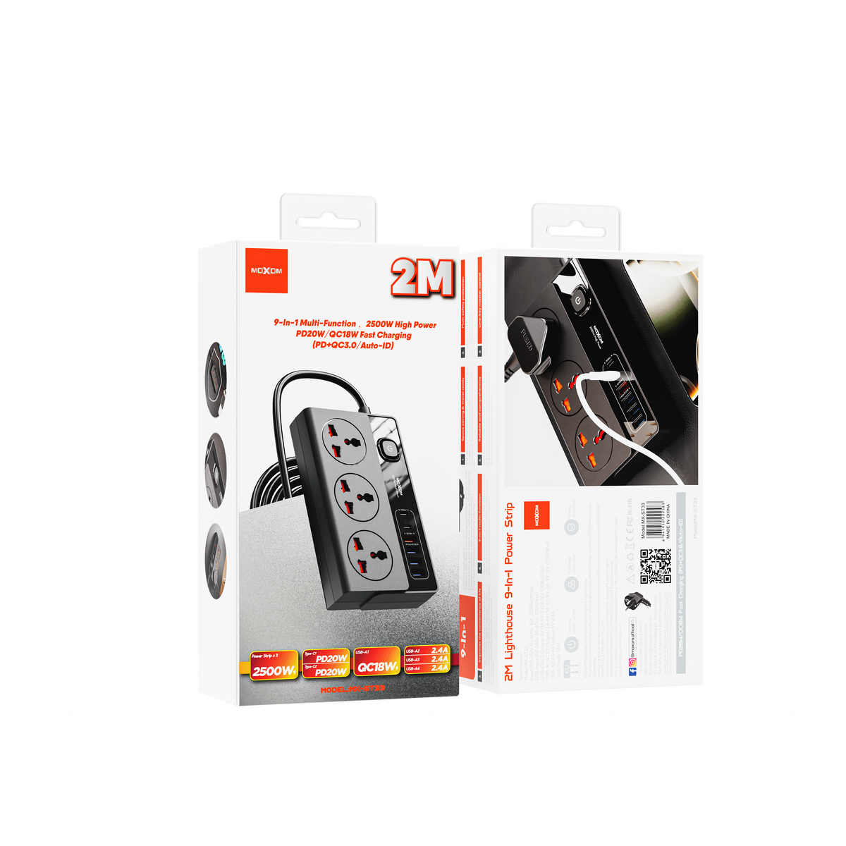 MOXOM MX-ST33 Lighthouse 9-in-1 Power Strip – AC Outlets + PD 20W USB-C + QC 18W USB-A, 2m Cord, 2500W