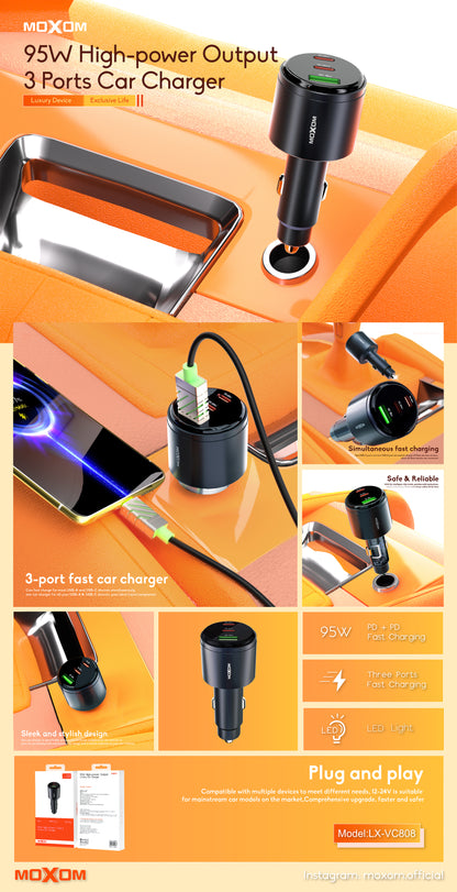 MOXOM LX-VC808 95W 3-Port Car Charger – 65W USB-C Laptop PD/PPS + 30W USB-C + 18W QC USB-A