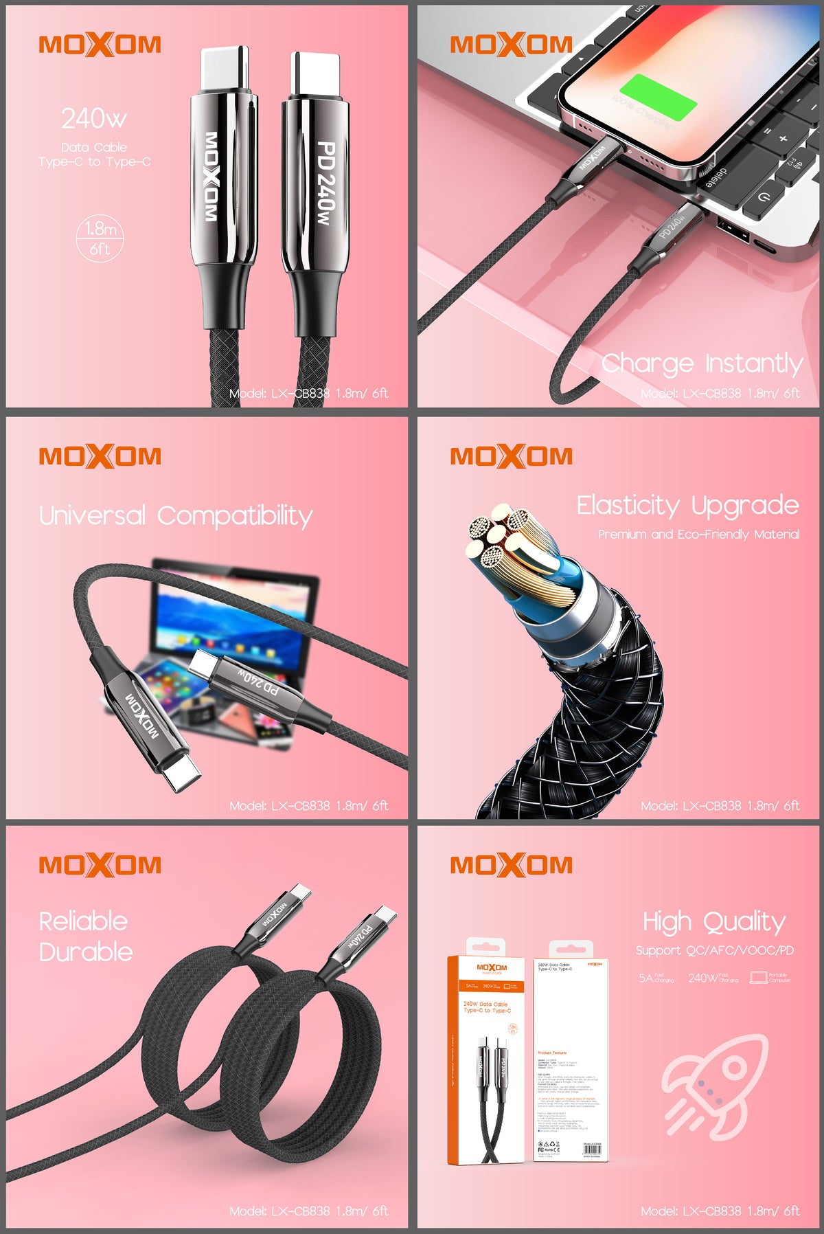 MOXOM LX-CB838 240W Heavy-Duty USB-C to USB-C Cable – Zinc Alloy, Nylon Braided, 1.8m Long