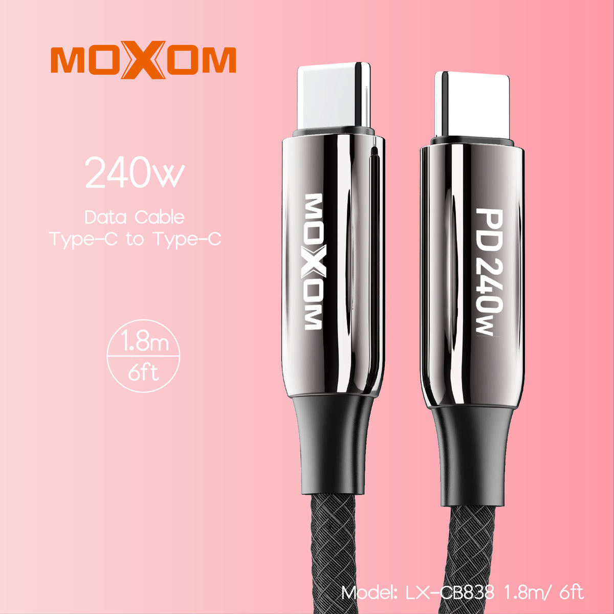 MOXOM LX-CB838 240W Heavy-Duty USB-C to USB-C Cable – Zinc Alloy, Nylon Braided, 1.8m Long