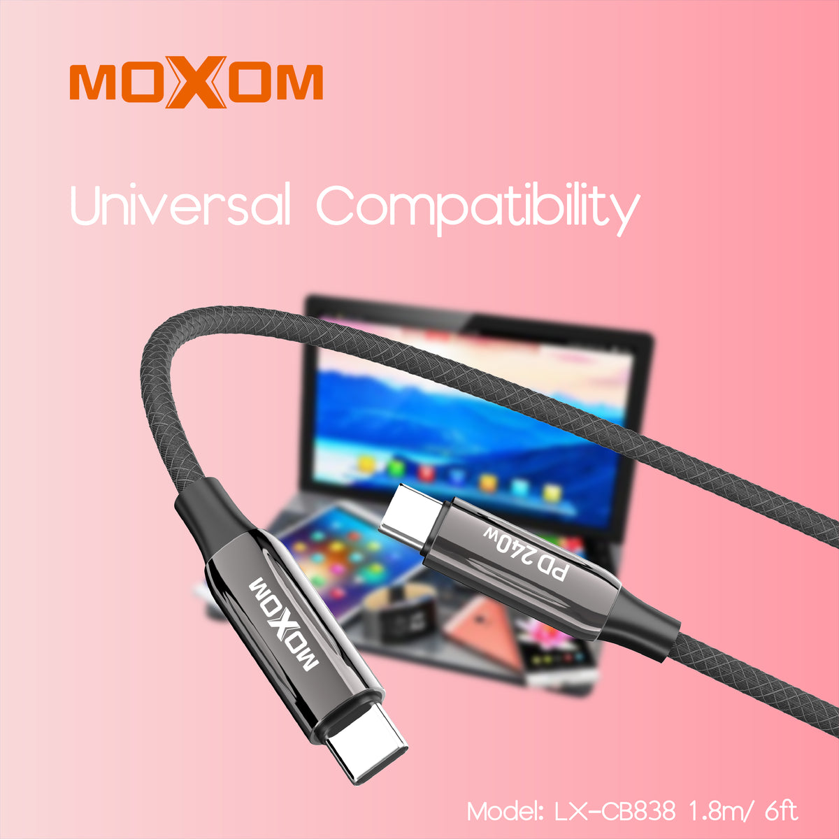 MOXOM LX-CB838 240W Heavy-Duty USB-C to USB-C Cable – Zinc Alloy, Nylon Braided, 1.8m Long