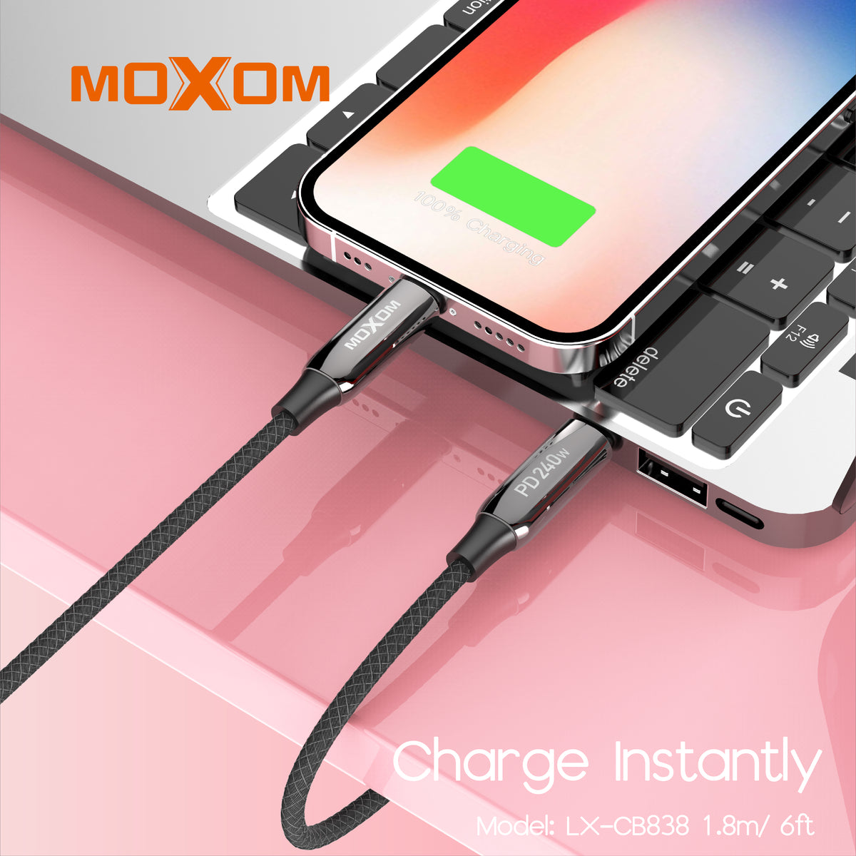 MOXOM LX-CB838 240W Heavy-Duty USB-C to USB-C Cable – Zinc Alloy, Nylon Braided, 1.8m Long