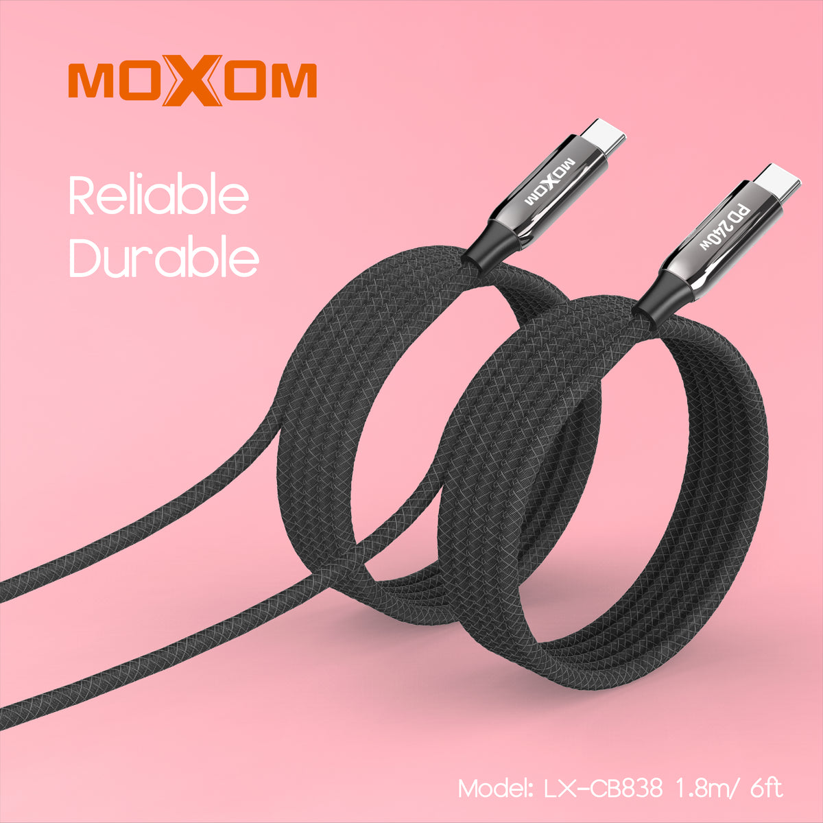 MOXOM LX-CB838 240W Heavy-Duty USB-C to USB-C Cable – Zinc Alloy, Nylon Braided, 1.8m Long