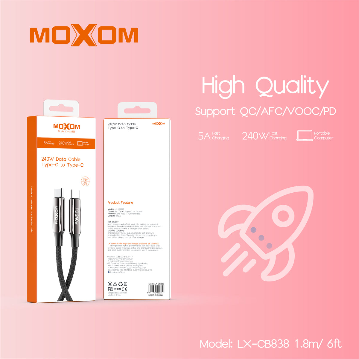 MOXOM LX-CB838 240W Heavy-Duty USB-C to USB-C Cable – Zinc Alloy, Nylon Braided, 1.8m Long