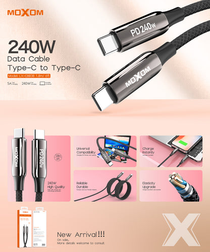 MOXOM LX-CB838 240W Heavy-Duty USB-C to USB-C Cable – Zinc Alloy, Nylon Braided, 1.8m Long