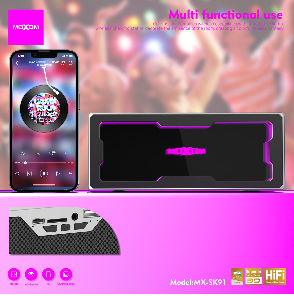 MOXOM MX-SK91 Abyss Light Bluetooth Speaker with 15W Wireless Charger – 20W Stereo, Ambient Lighting, BT 5.4