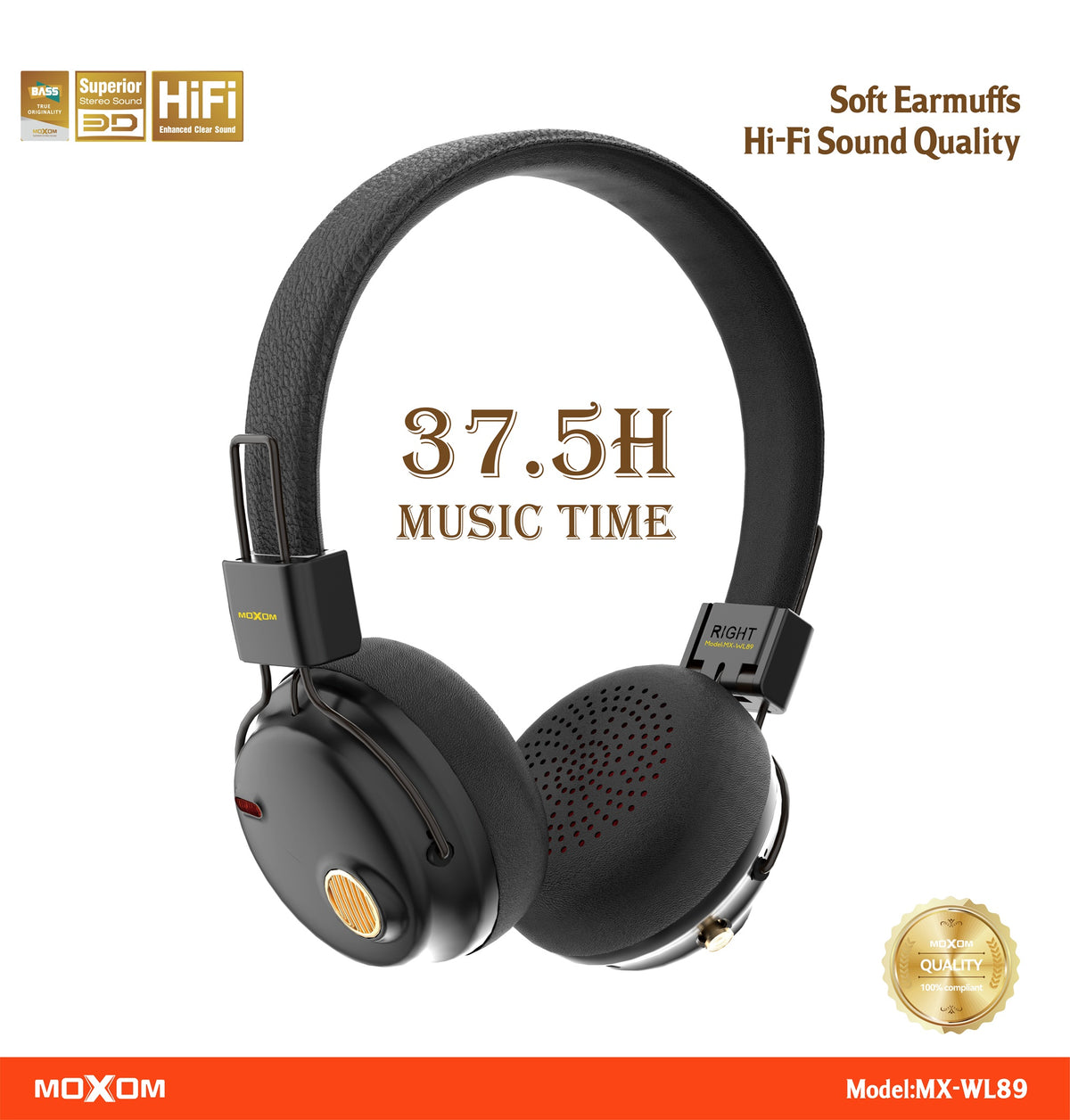 MOXOM MX-WL89 Wireless On-Ear Headphones – Bluetooth 5.3, Up to 37.5H Playtime, Bass Boost, Foldable