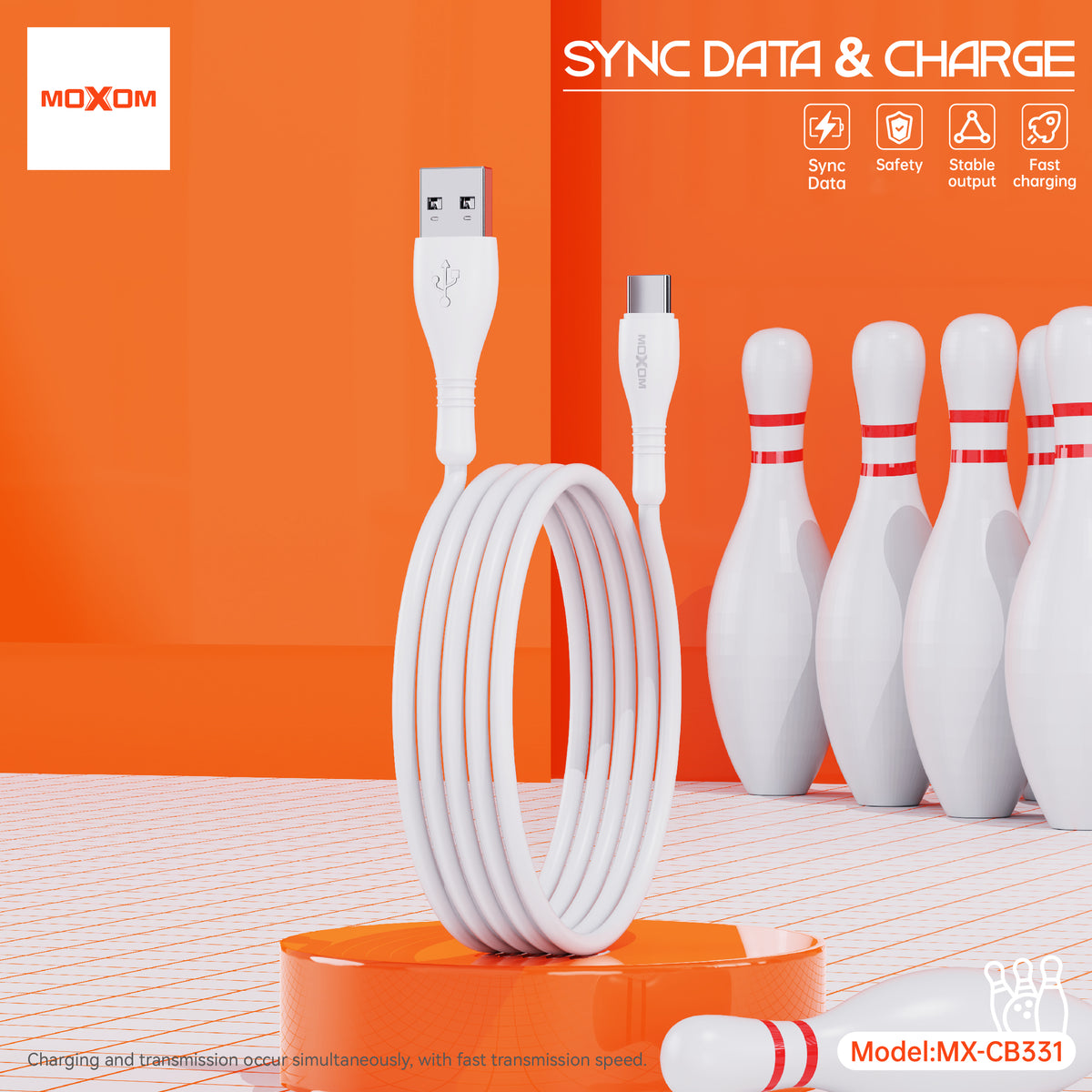 MOXOM MX-CB331 Bowling 3A Fast Charging Cable – Micro USB / Lightning / Type-C, Soft TPE, 1m