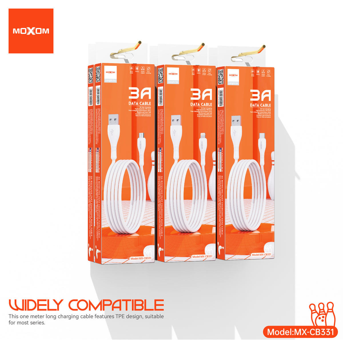MOXOM MX-CB331 Bowling 3A Fast Charging Cable – Micro USB / Lightning / Type-C, Soft TPE, 1m