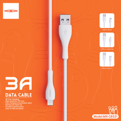 MOXOM MX-CB331 Bowling 3A Fast Charging Cable – Micro USB / Lightning / Type-C, Soft TPE, 1m