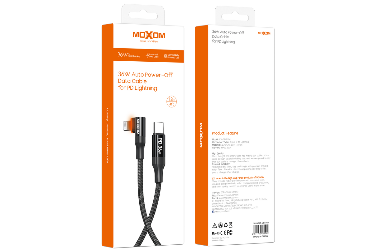 MOXOM LX-CB816M 90° USB-C to Lightning Cable – 36W PD, Auto Power-Off, Gaming Friendly, 1.2m