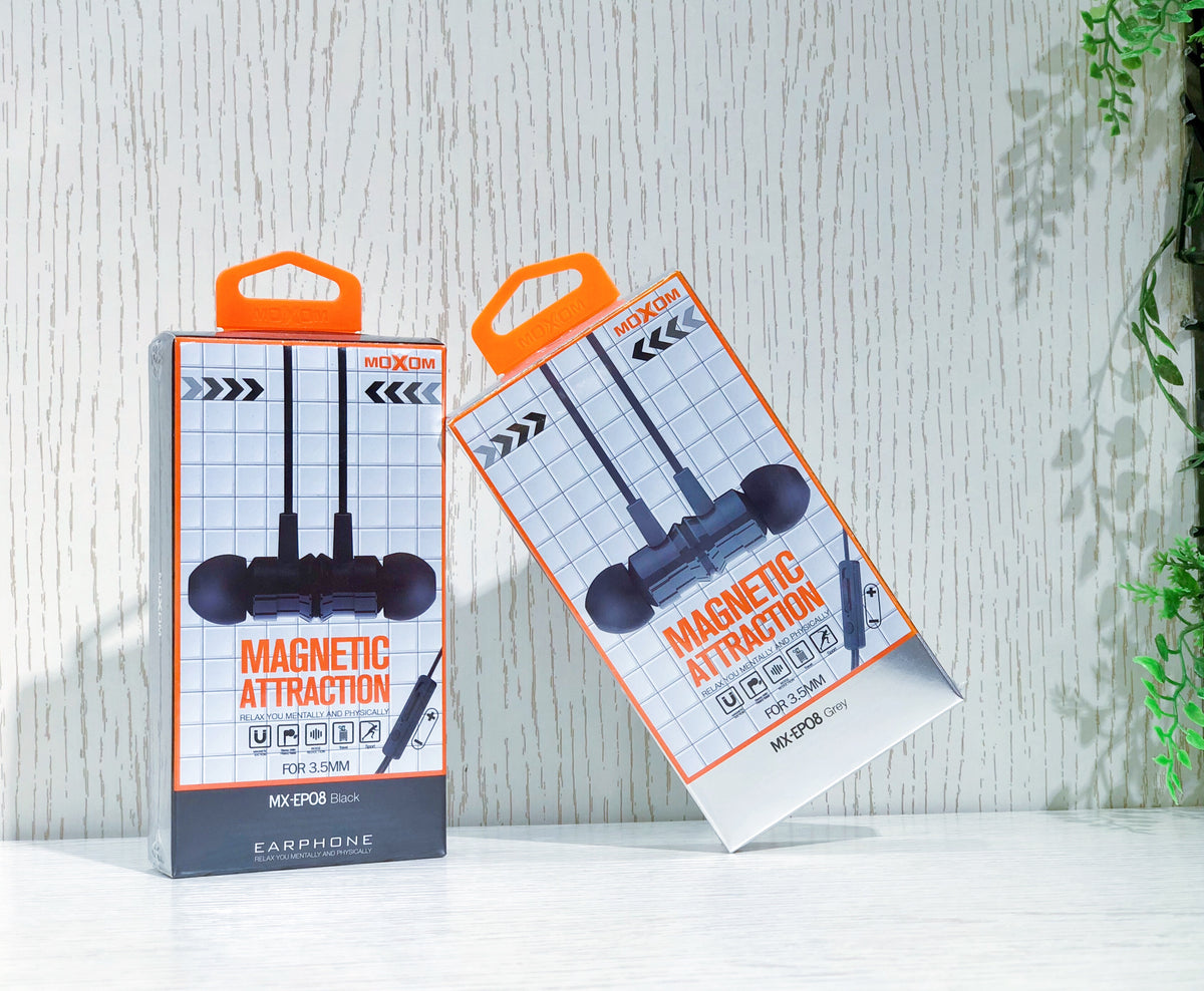 MOXOM MX-EP08 Magnetic Wired Earphones with Volume Control & Mic – 10mm Driver, Tangle-Free, 1.2m