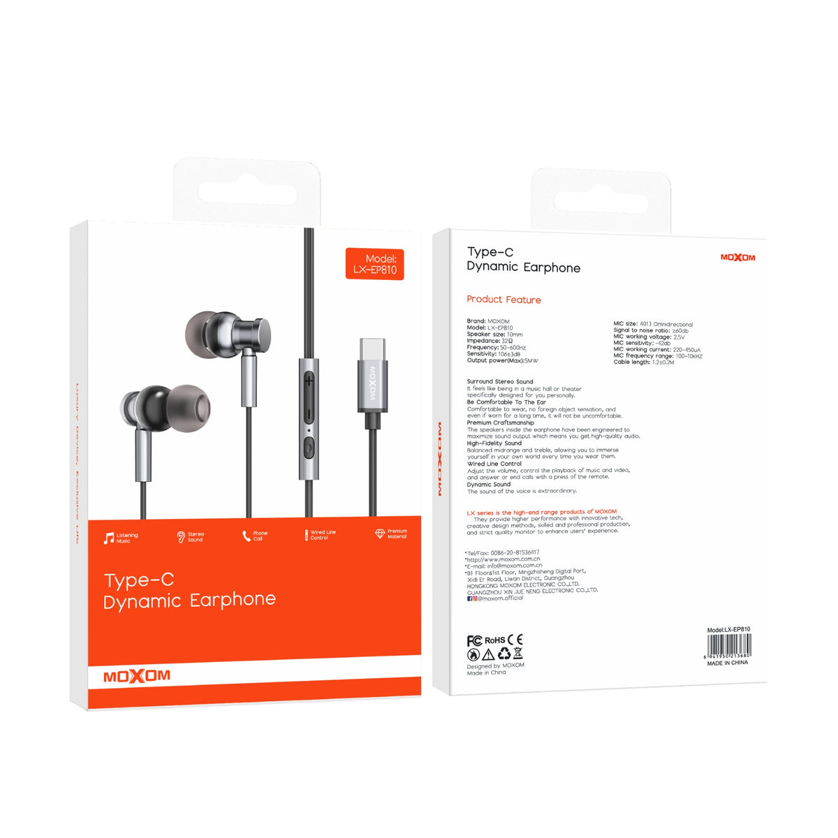 MOXOM LX-EP810 Type-C Wired Earphones – 10mm Dynamic Driver, Built-In Mic, 1.2m, Plug & Play