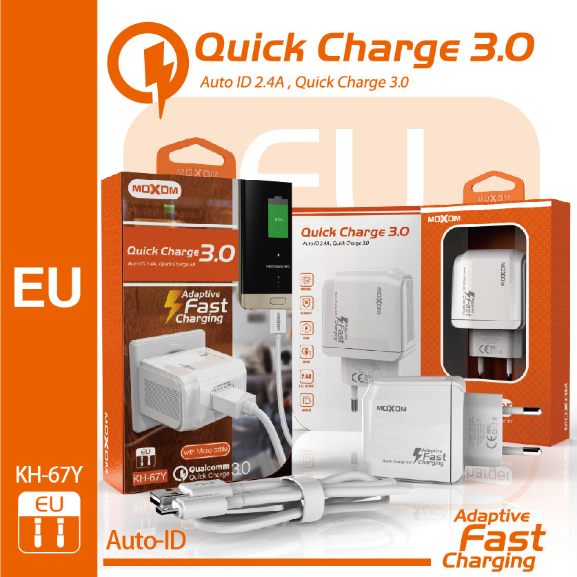 MOXOM KH-67Y QC3.0 USB Home Charger + Cable – 2.4A, Micro USB, Lightning or Type-C, EU Plug