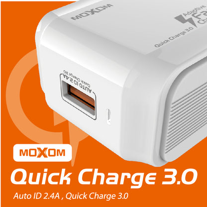 MOXOM KH-67Y QC3.0 USB Home Charger + Cable – 2.4A, Micro USB, Lightning or Type-C, EU Plug
