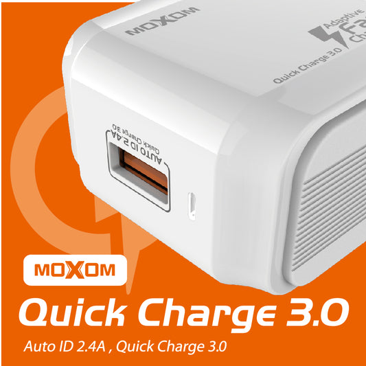 MOXOM KH-67Y QC3.0 USB Home Charger + Cable – 2.4A, Micro USB, Lightning or Type-C, EU Plug