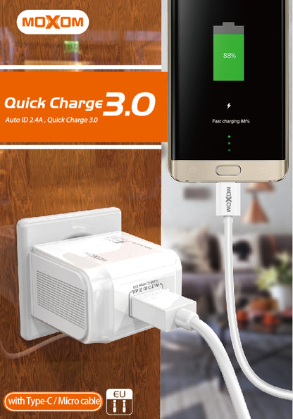 MOXOM KH-67Y QC3.0 USB Home Charger + Cable – 2.4A, Micro USB, Lightning or Type-C, EU Plug