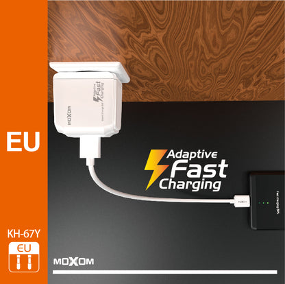 MOXOM KH-67Y QC3.0 USB Home Charger + Cable – 2.4A, Micro USB, Lightning or Type-C, EU Plug