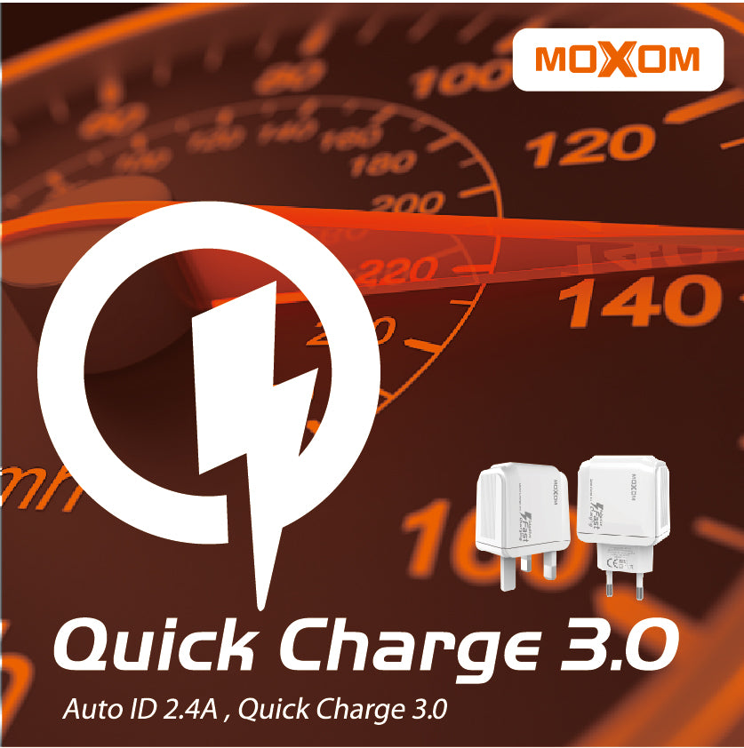 MOXOM KH-67Y QC3.0 USB Home Charger + Cable – 2.4A, Micro USB, Lightning or Type-C, EU Plug