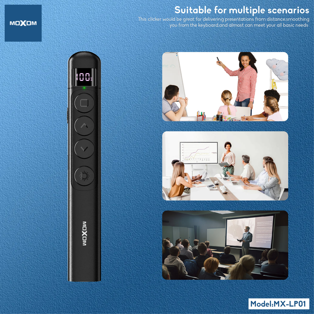 MOXOM MX-LP01 Pioneer Wireless Presenter Laser Pointer – 100m Control, 2.4GHz, Type-C Rechargeable