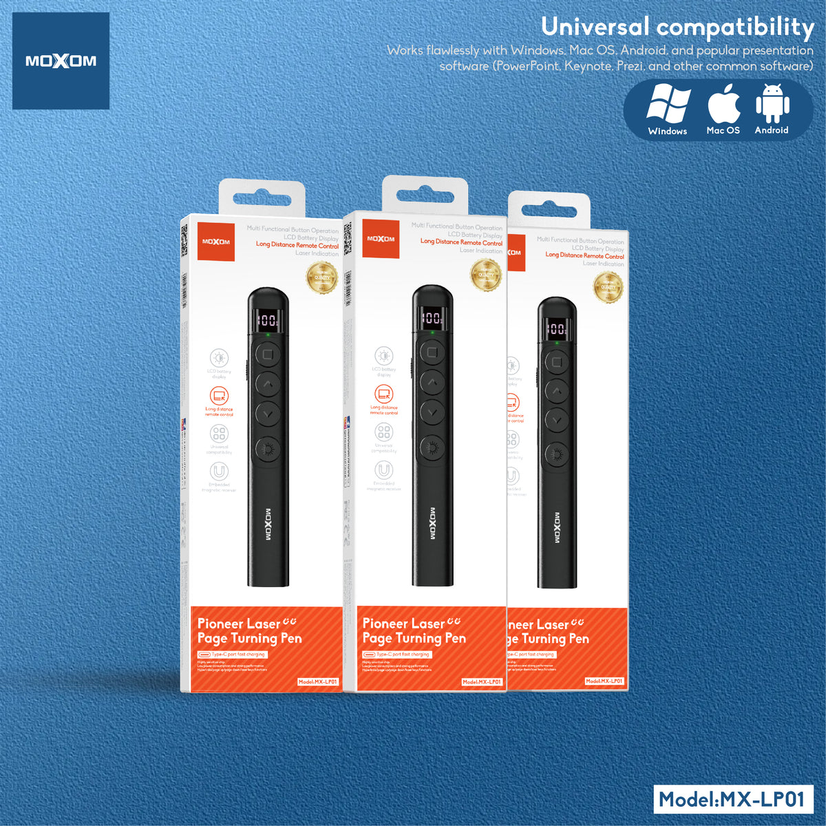 MOXOM MX-LP01 Pioneer Wireless Presenter Laser Pointer – 100m Control, 2.4GHz, Type-C Rechargeable