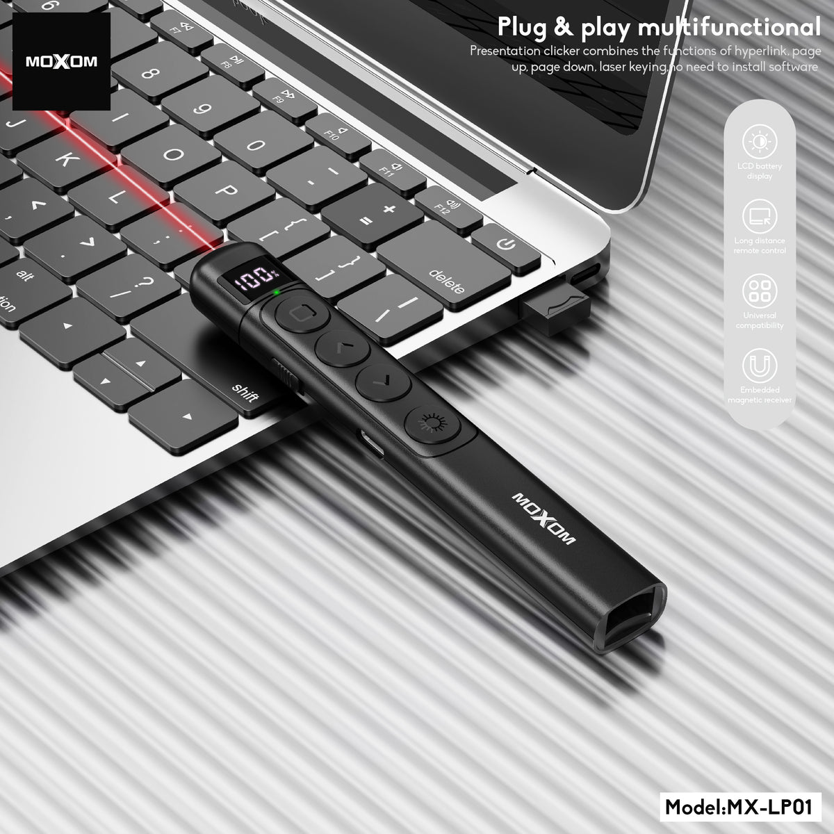 MOXOM MX-LP01 Pioneer Wireless Presenter Laser Pointer – 100m Control, 2.4GHz, Type-C Rechargeable