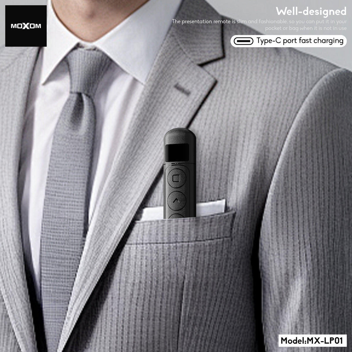 MOXOM MX-LP01 Pioneer Wireless Presenter Laser Pointer – 100m Control, 2.4GHz, Type-C Rechargeable