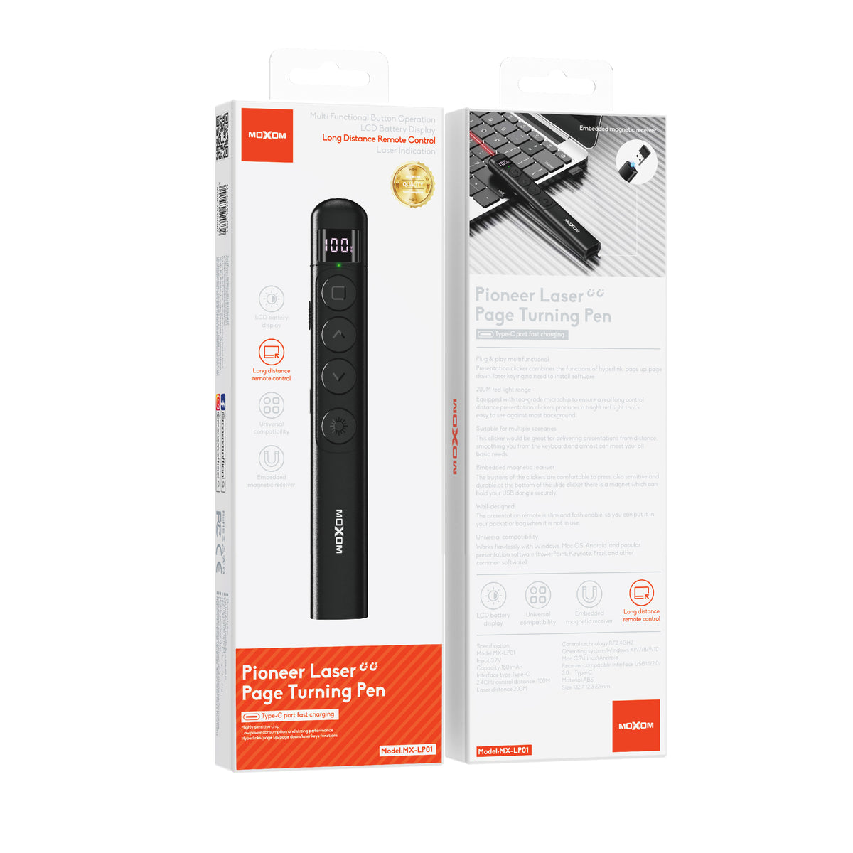 MOXOM MX-LP01 Pioneer Wireless Presenter Laser Pointer – 100m Control, 2.4GHz, Type-C Rechargeable