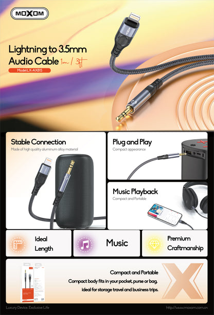 MOXOM LX-AX815 Lightning to 3.5mm AUX Cable – iPhone to Car Stereo, Speaker & Headphones, Braided, 1m