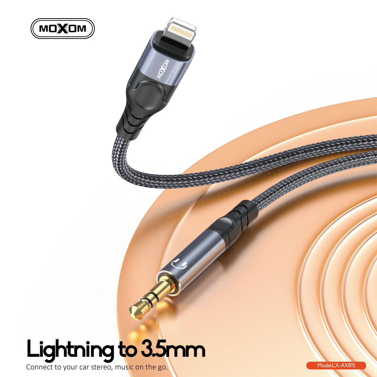 MOXOM LX-AX815 Lightning to 3.5mm AUX Cable – iPhone to Car Stereo, Speaker & Headphones, Braided, 1m