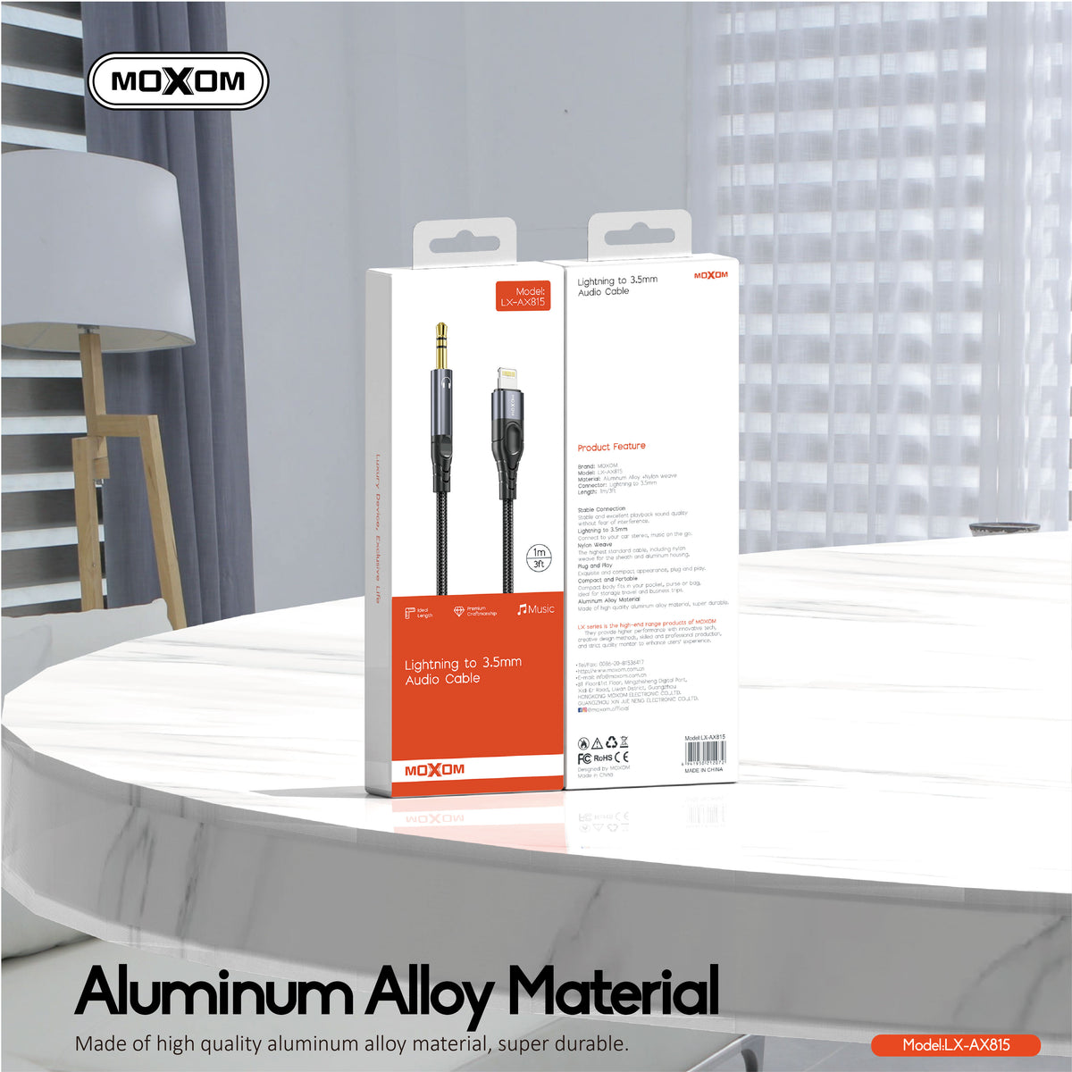 MOXOM LX-AX815 Lightning to 3.5mm AUX Cable – iPhone to Car Stereo, Speaker & Headphones, Braided, 1m
