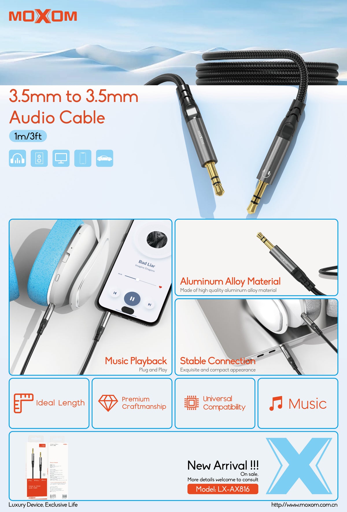 MOXOM LX-AX816 3.5mm AUX Audio Cable – Aluminium Alloy & Nylon Braided, Car Stereo & Speaker, 1m