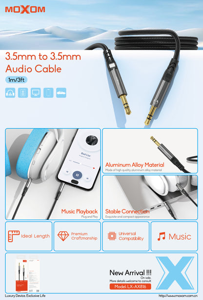 MOXOM LX-AX816 3.5mm AUX Audio Cable – Aluminium Alloy & Nylon Braided, Car Stereo & Speaker, 1m
