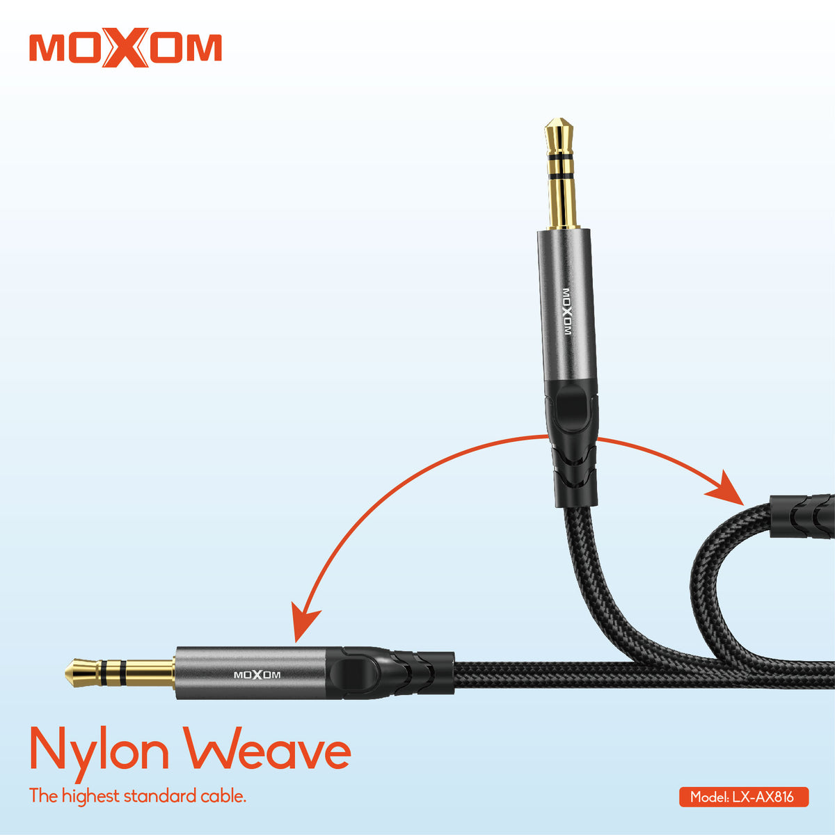 MOXOM LX-AX816 3.5mm AUX Audio Cable – Aluminium Alloy & Nylon Braided, Car Stereo & Speaker, 1m