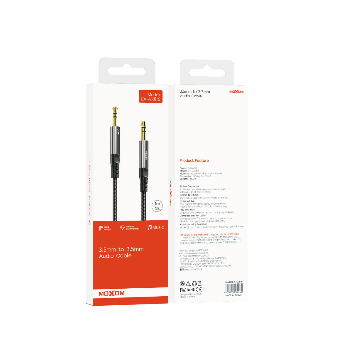 MOXOM LX-AX816 3.5mm AUX Audio Cable – Aluminium Alloy & Nylon Braided, Car Stereo & Speaker, 1m
