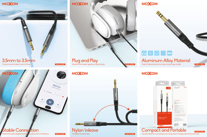MOXOM LX-AX816 3.5mm AUX Audio Cable – Aluminium Alloy & Nylon Braided, Car Stereo & Speaker, 1m