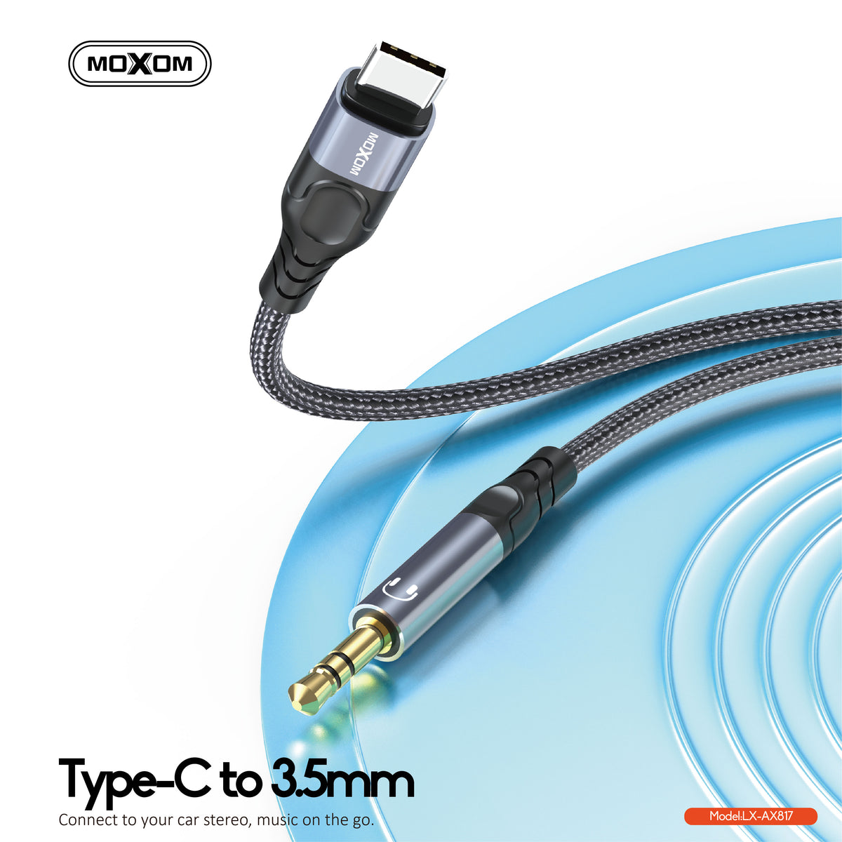 MOXOM LX-AX817 USB-C to 3.5mm AUX Cable – Phone to Car Stereo & Speaker, Braided Nylon, Black