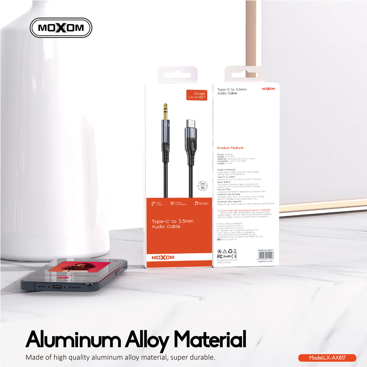 MOXOM LX-AX817 USB-C to 3.5mm AUX Cable – Phone to Car Stereo & Speaker, Braided Nylon, Black