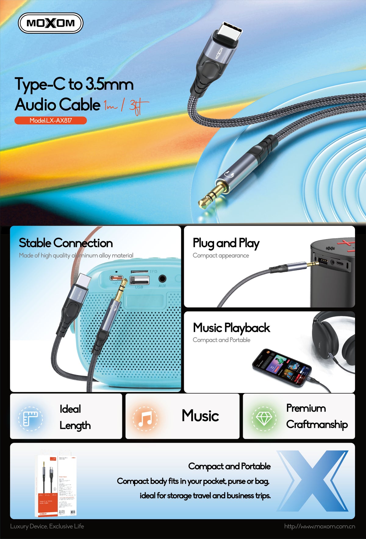 MOXOM LX-AX817 USB-C to 3.5mm AUX Cable – Phone to Car Stereo & Speaker, Braided Nylon, Black