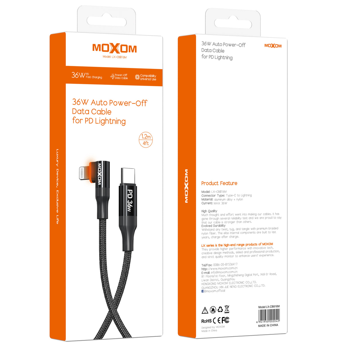 MOXOM LX-CB816M 90° USB-C to Lightning Cable – 36W PD, Auto Power-Off, Gaming Friendly, 1.2m