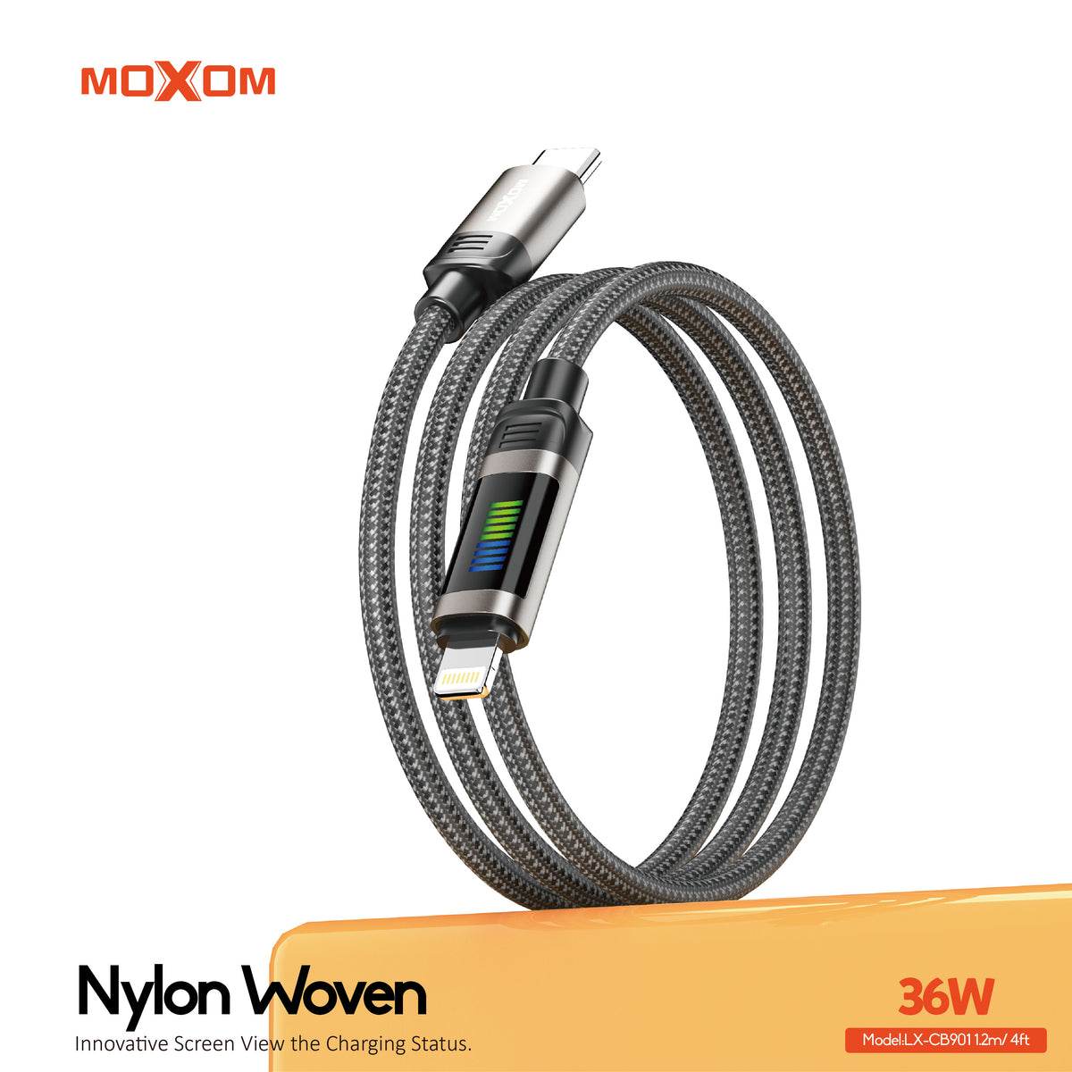 MOXOM LX-CB901 LED Rhythm USB-C to Lightning Cable – 36W PD Fast Charging, Zinc Alloy & Nylon, 1.2m