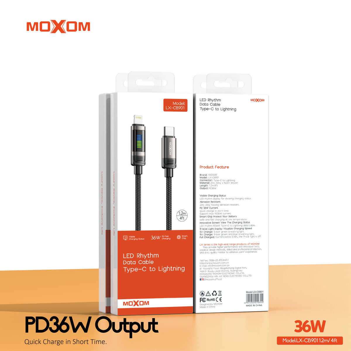 MOXOM LX-CB901 LED Rhythm USB-C to Lightning Cable – 36W PD Fast Charging, Zinc Alloy & Nylon, 1.2m