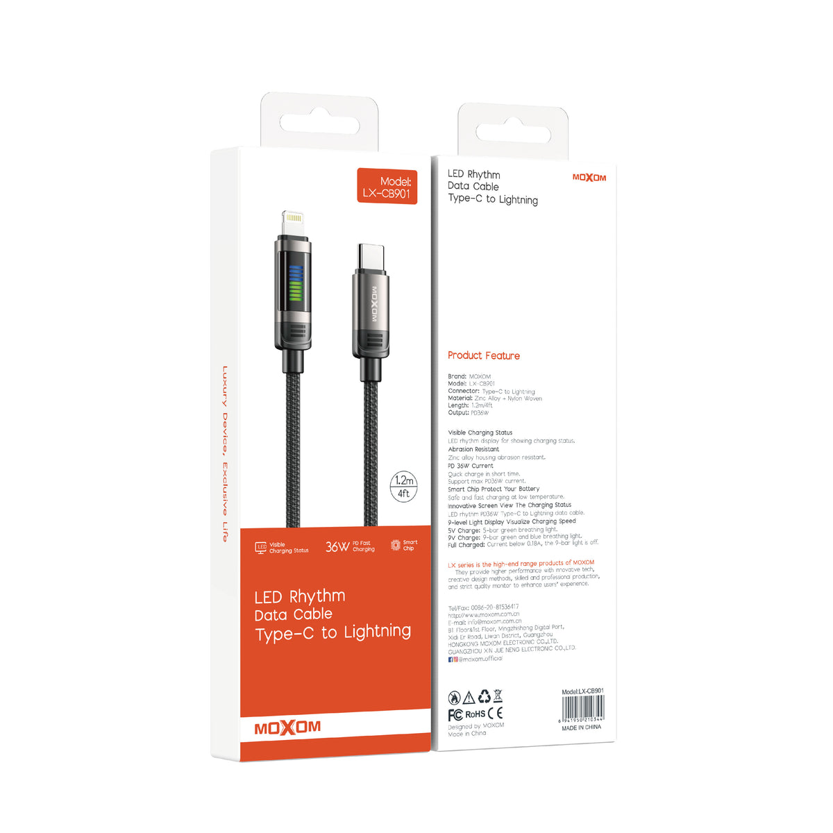 MOXOM LX-CB901 LED Rhythm USB-C to Lightning Cable – 36W PD Fast Charging, Zinc Alloy & Nylon, 1.2m