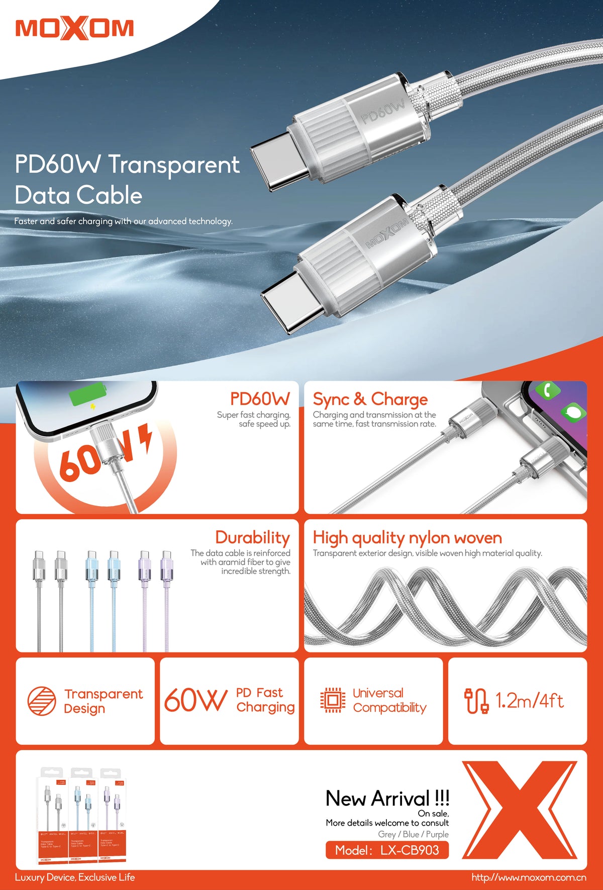 MOXOM LX-CB903 Transparent USB-C to USB-C Cable – 60W PD Fast Charging, Nylon Woven, 1.2m