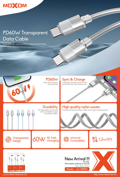 MOXOM LX-CB903 Transparent USB-C to USB-C Cable – 60W PD Fast Charging, Nylon Woven, 1.2m