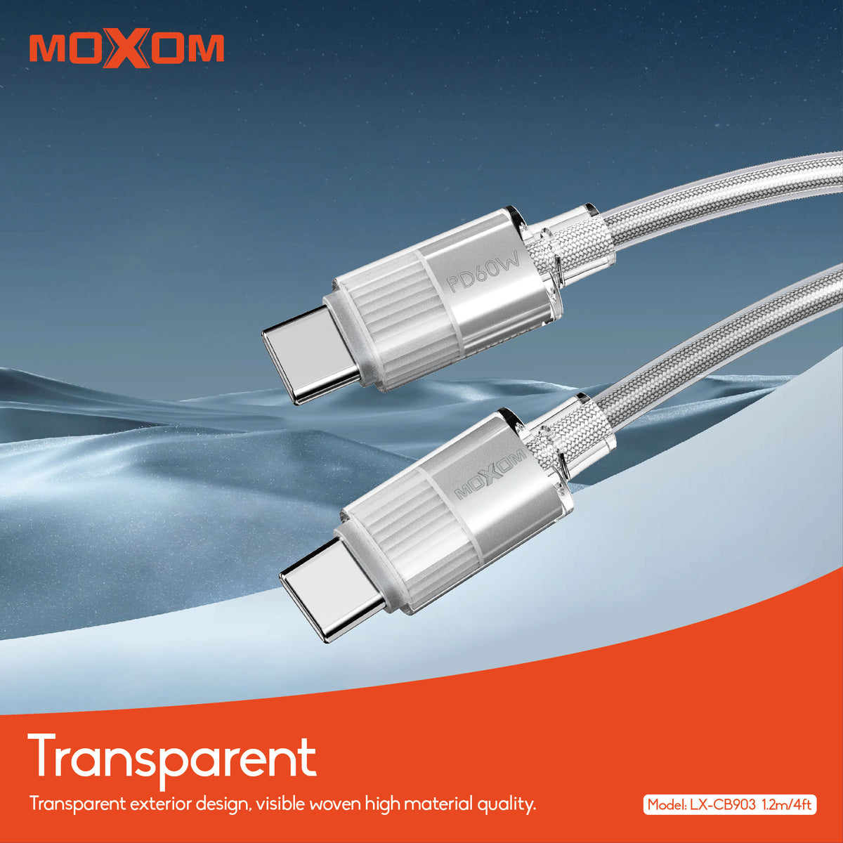 MOXOM LX-CB903 Transparent USB-C to USB-C Cable – 60W PD Fast Charging, Nylon Woven, 1.2m