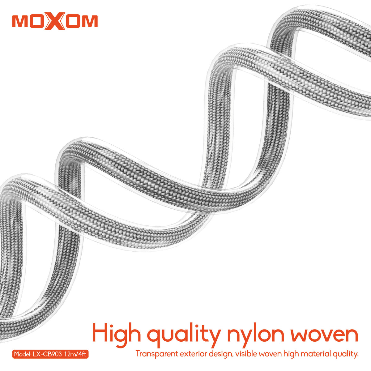 MOXOM LX-CB903 Transparent USB-C to USB-C Cable – 60W PD Fast Charging, Nylon Woven, 1.2m